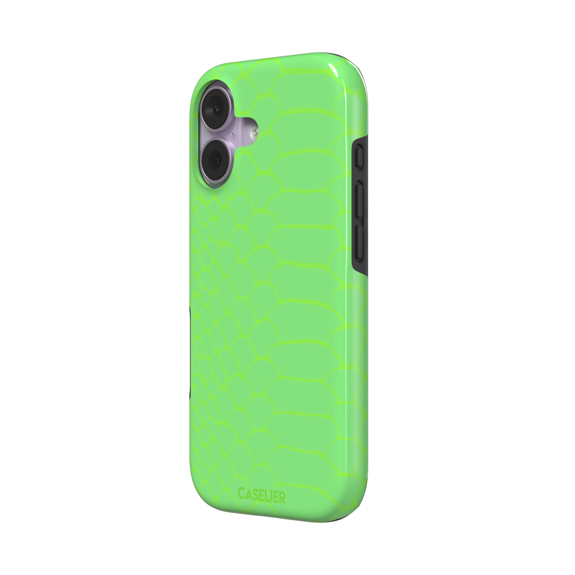Neon green-on-green snakeskin print phone case with tone-on-tone scale texture, phone case by Caselier — tough case, right view