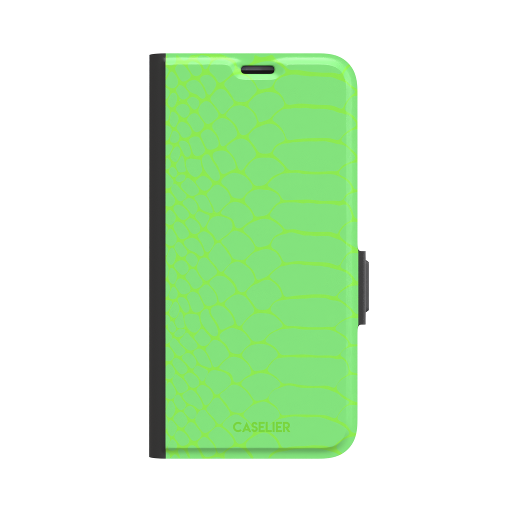 Neon green-on-green snakeskin print phone case with tone-on-tone scale texture, phone case by Caselier — wallet case, front view