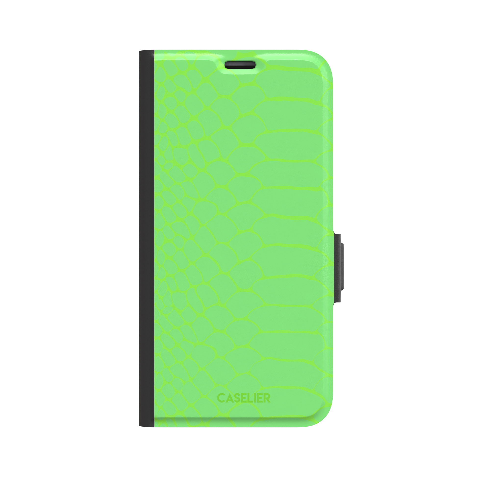 Neon green-on-green snakeskin print phone case with tone-on-tone scale texture, phone case by Caselier — wallet case, front view