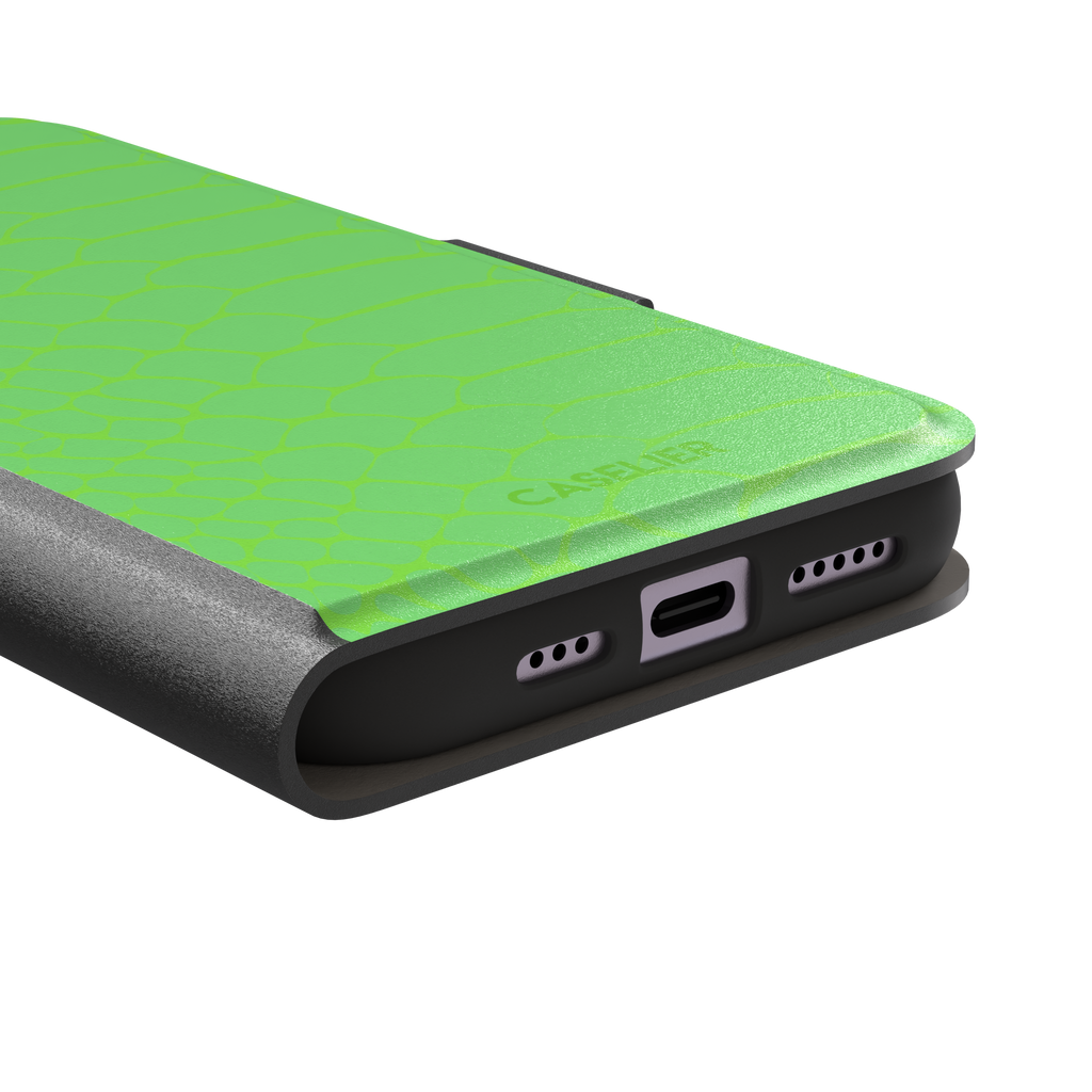 Neon green-on-green snakeskin print phone case with tone-on-tone scale texture, phone case by Caselier — wallet case, charging port detail