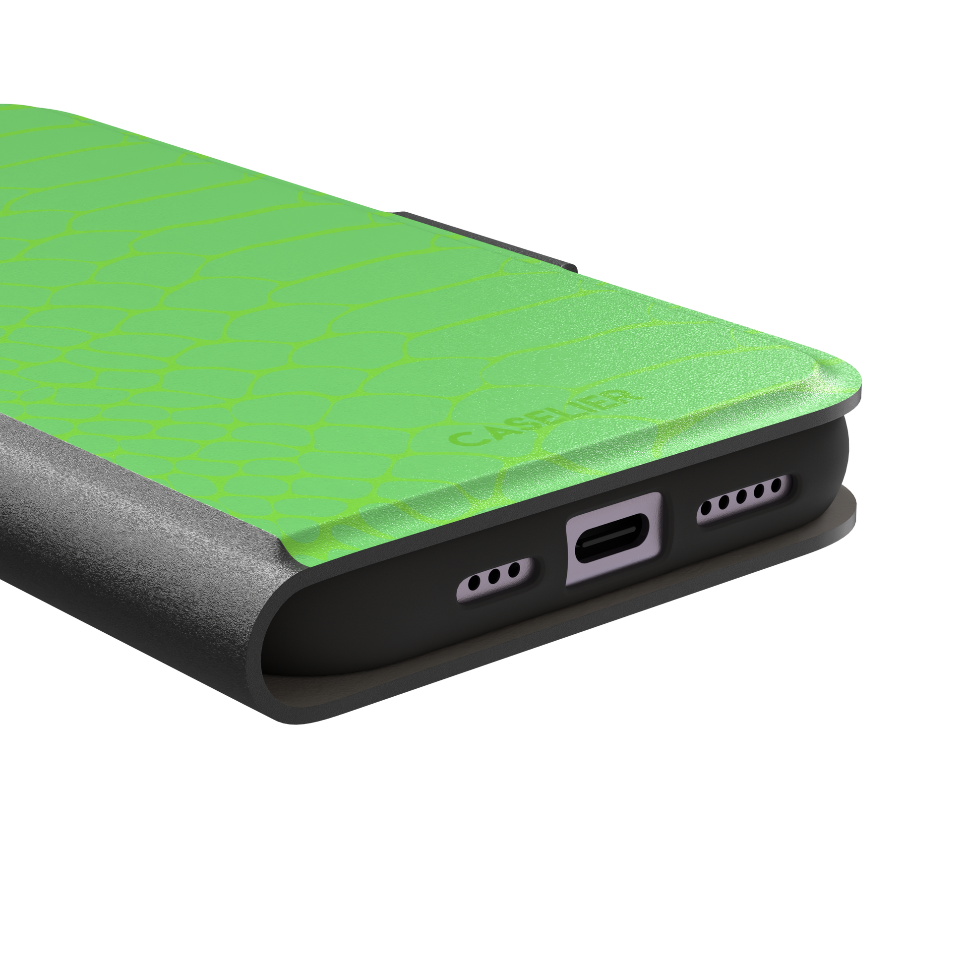 Neon green-on-green snakeskin print phone case with tone-on-tone scale texture, phone case by Caselier — wallet case, charging port detail