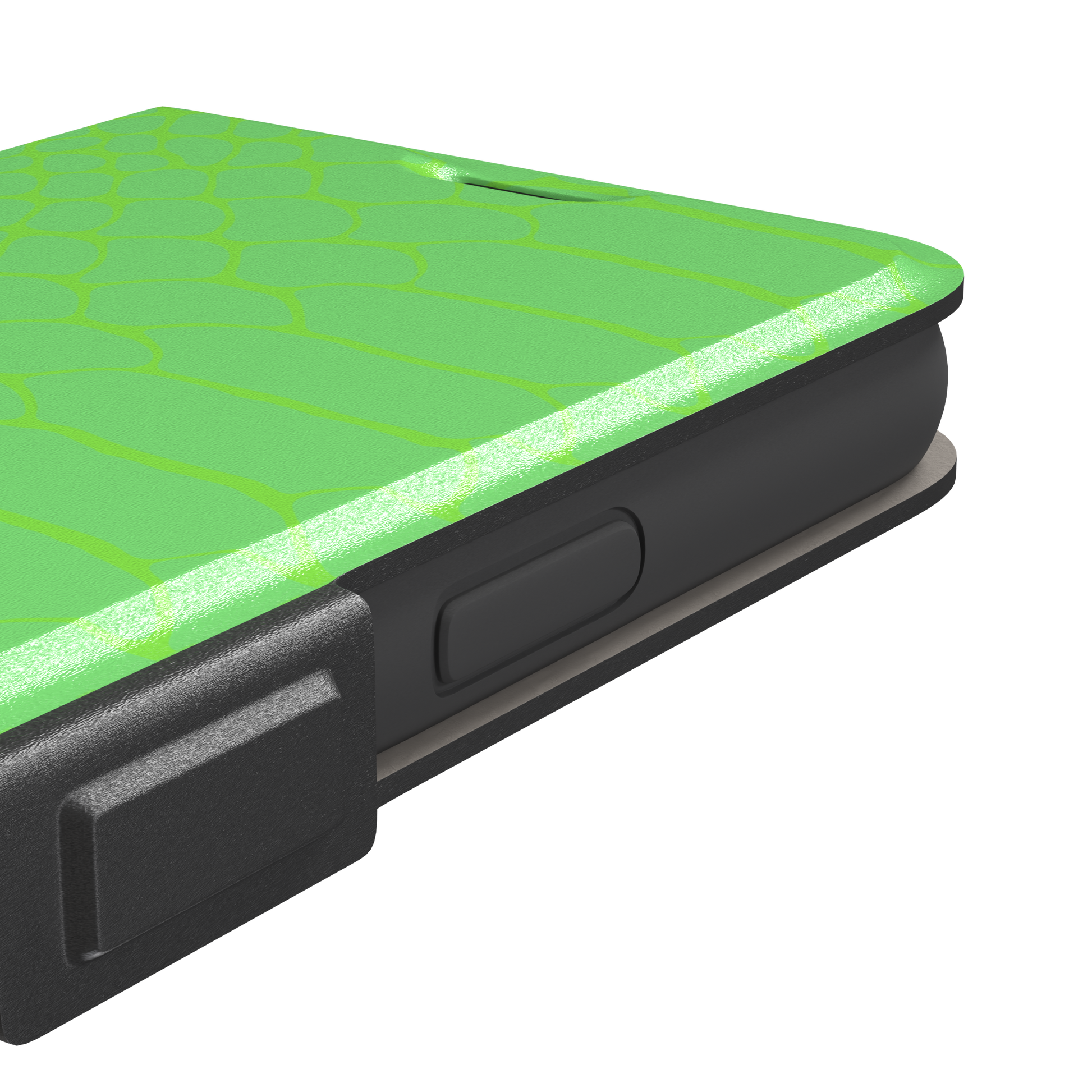 Neon green-on-green snakeskin print phone case with tone-on-tone scale texture, phone case by Caselier — wallet case, volume buttons detail