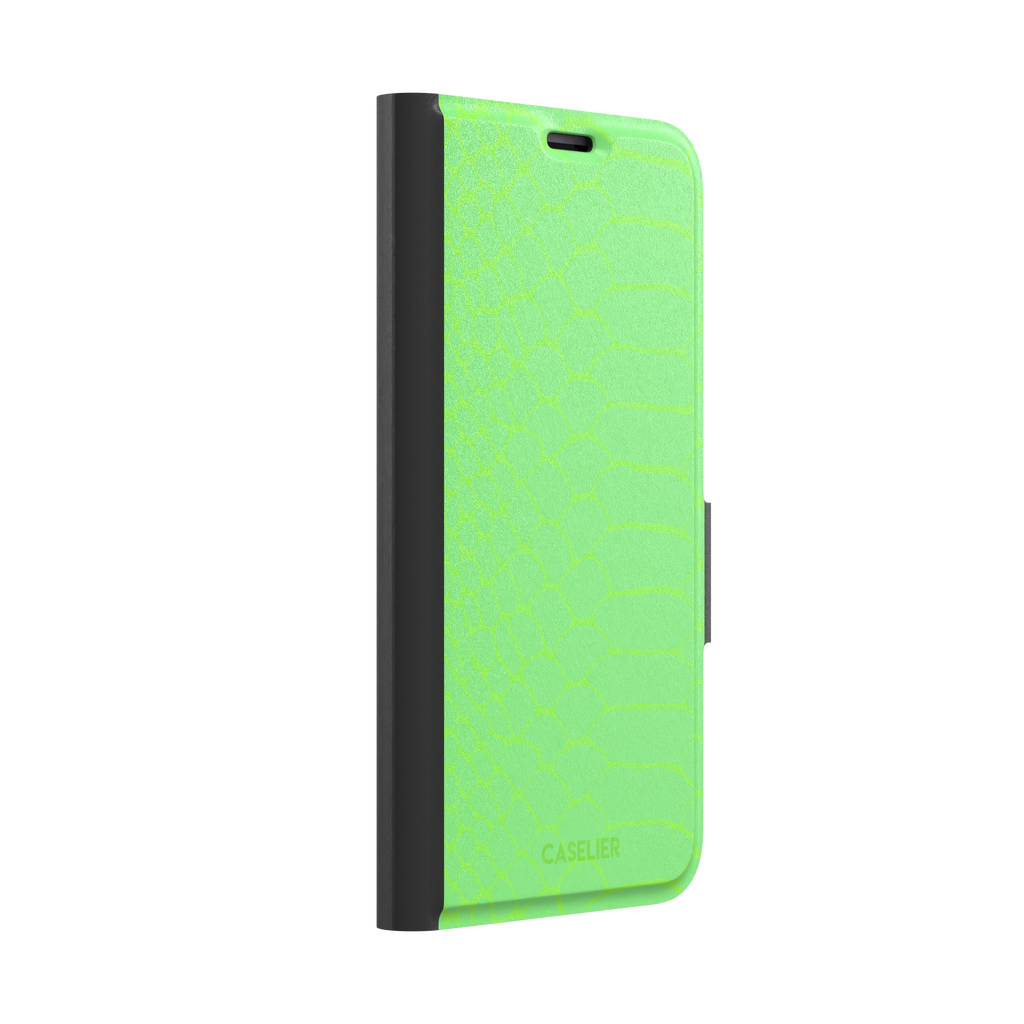 Neon green-on-green snakeskin print phone case with tone-on-tone scale texture, phone case by Caselier — wallet case, left view