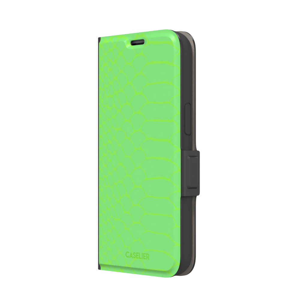 Neon green-on-green snakeskin print phone case with tone-on-tone scale texture, phone case by Caselier — wallet case, right view