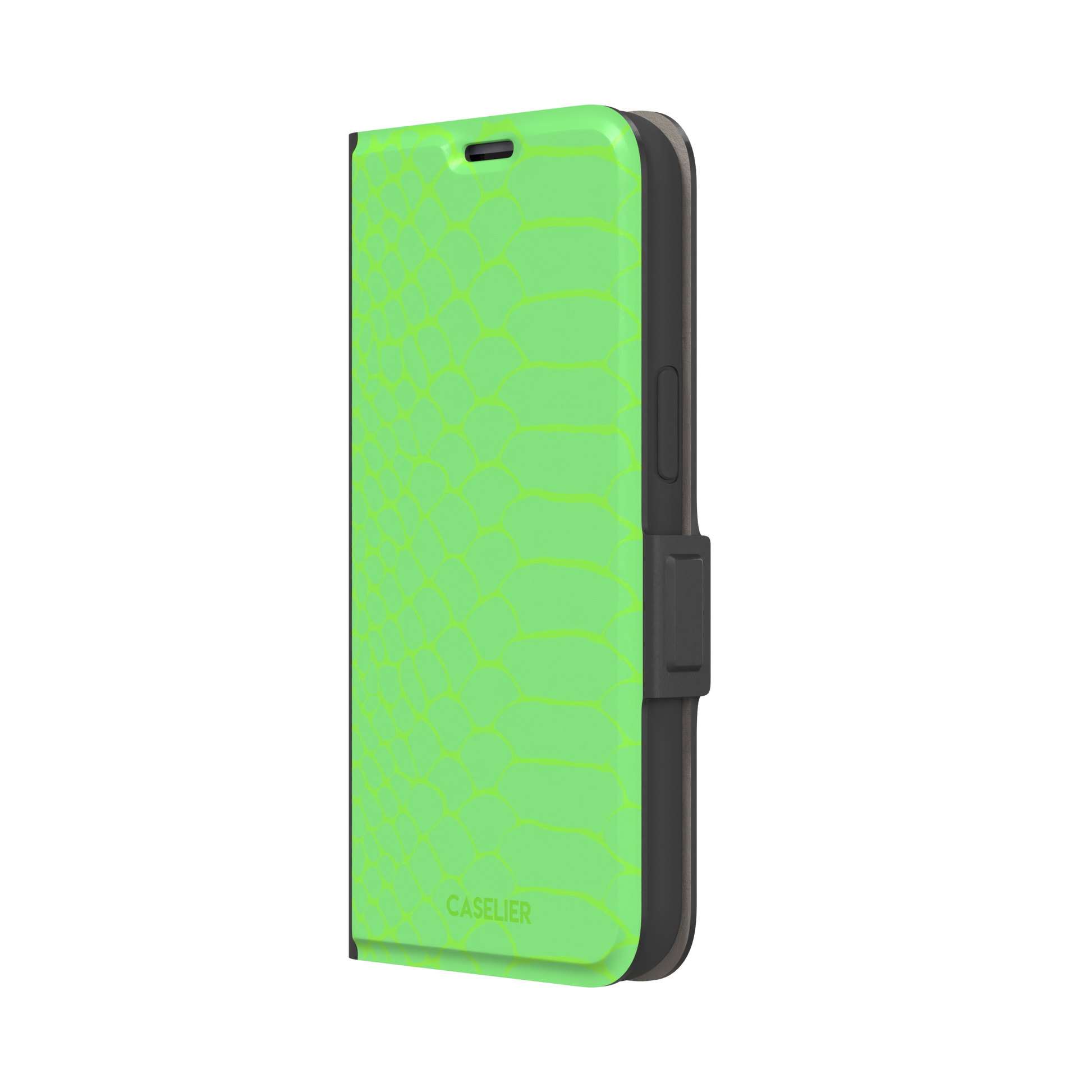 Neon green-on-green snakeskin print phone case with tone-on-tone scale texture, phone case by Caselier — wallet case, right view