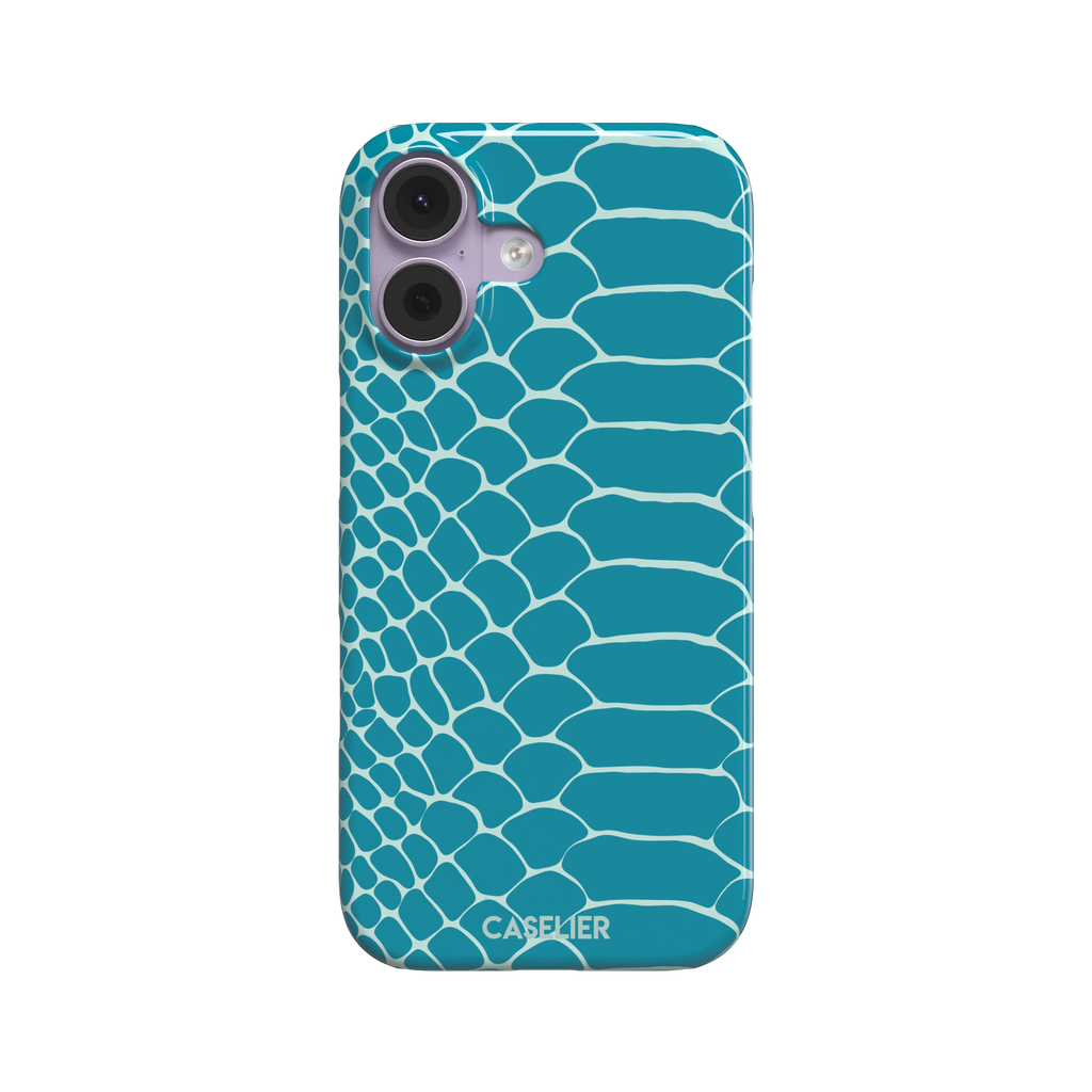 Teal and white snakeskin print phone case with bold reptile scale pattern covering the full back, phone case by Caselier — snap case, front view