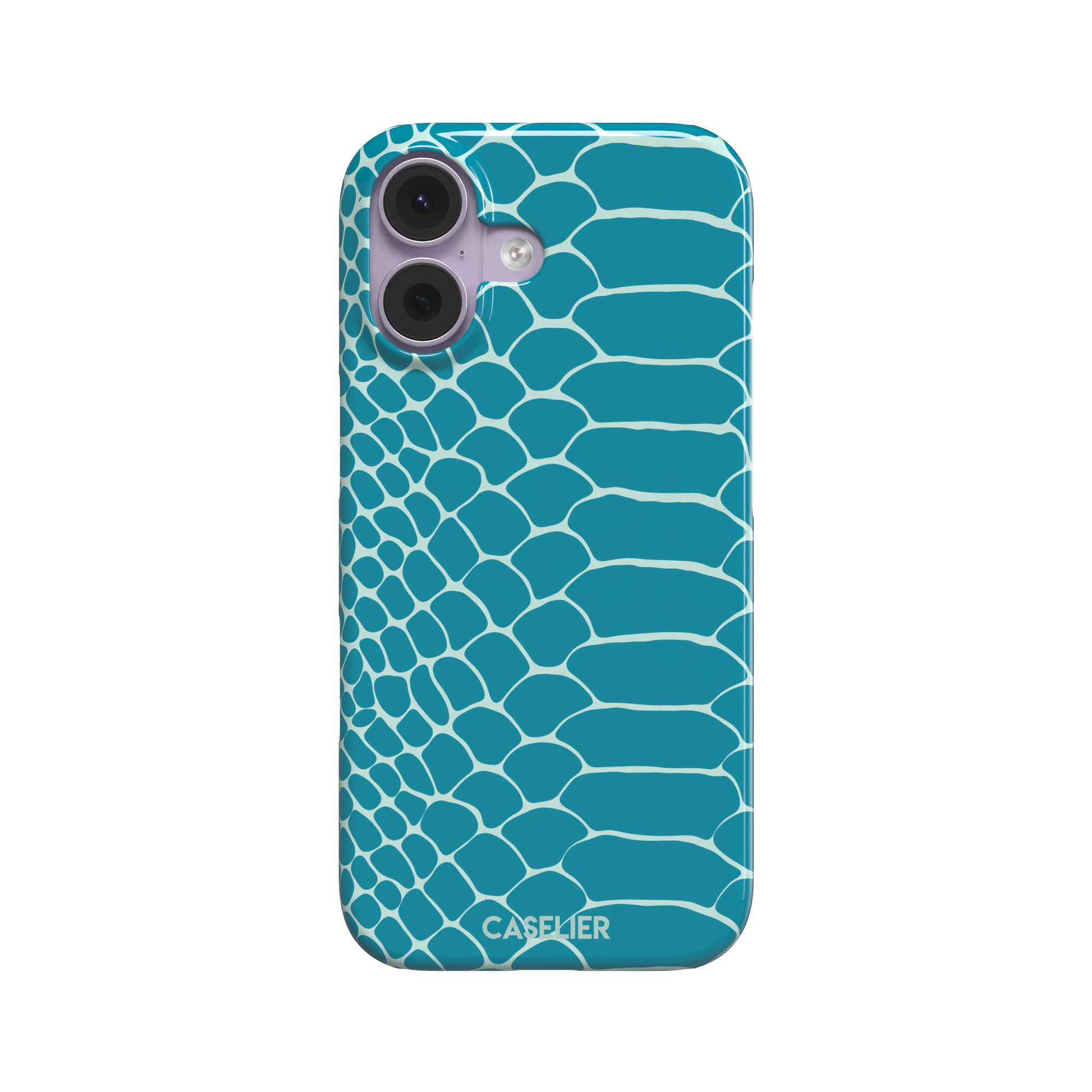 Teal and white snakeskin print phone case with bold reptile scale pattern covering the full back, phone case by Caselier — snap case, front view
