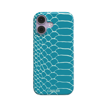 Teal and white snakeskin print phone case with bold reptile scale pattern covering the full back, phone case by Caselier — snap case, front view