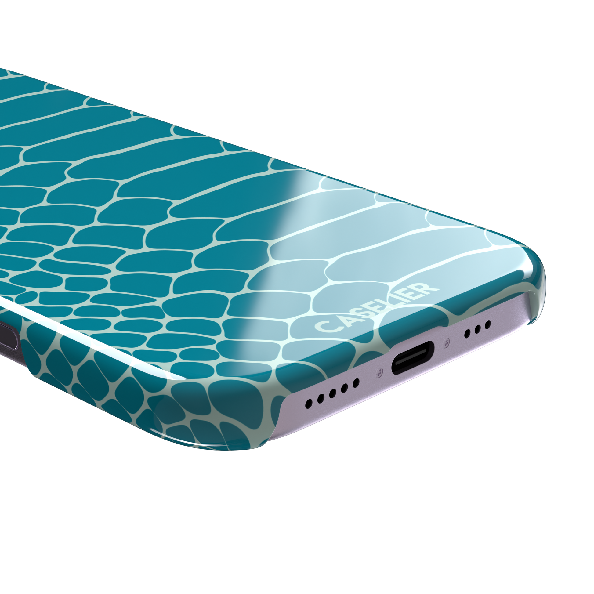 Teal and white snakeskin print phone case with bold reptile scale pattern covering the full back, phone case by Caselier — snap case, charging port detail