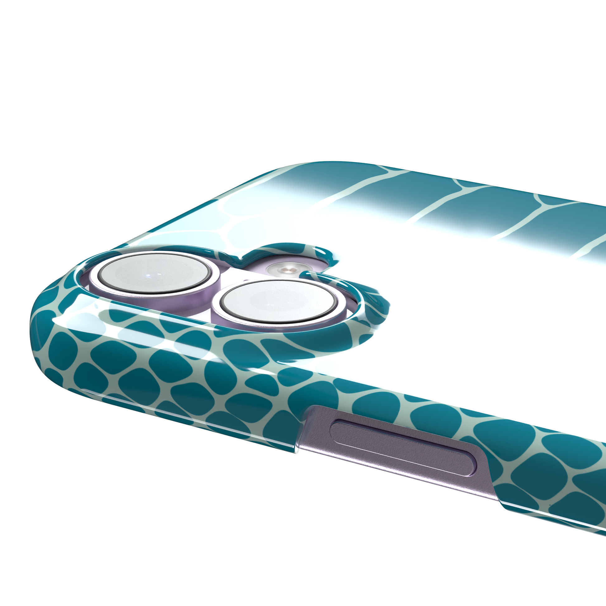 Teal and white snakeskin print phone case with bold reptile scale pattern covering the full back, phone case by Caselier — snap case, volume buttons detail
