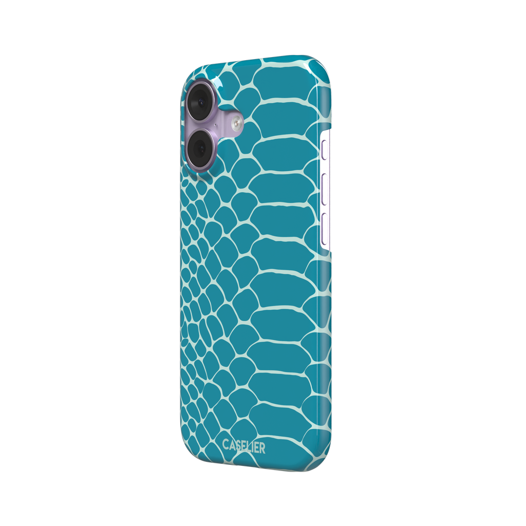 Teal and white snakeskin print phone case with bold reptile scale pattern covering the full back, phone case by Caselier — snap case, right view