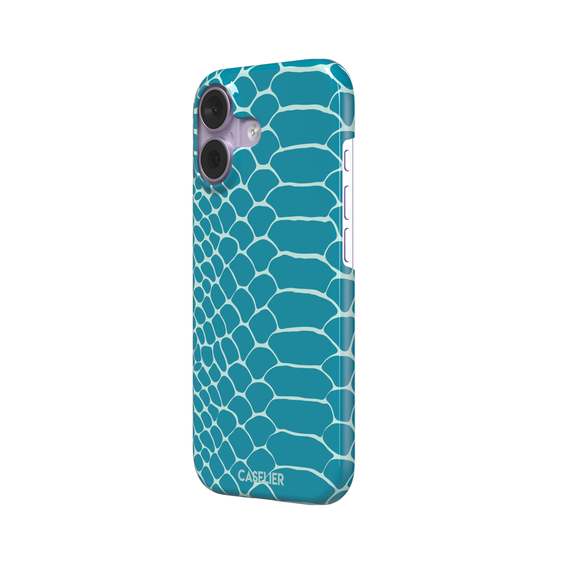 Teal and white snakeskin print phone case with bold reptile scale pattern covering the full back, phone case by Caselier — snap case, right view