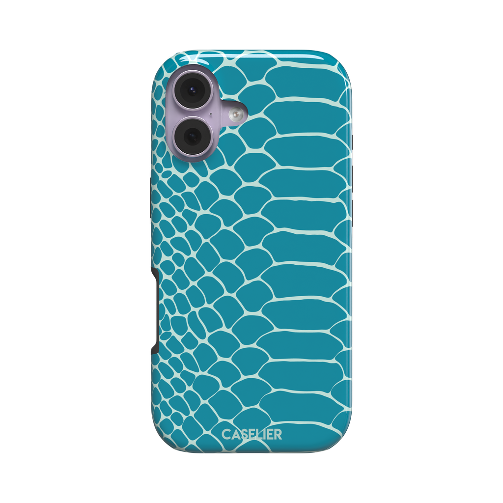 Teal and white snakeskin print phone case with bold reptile scale pattern covering the full back, phone case by Caselier — tough case, front view