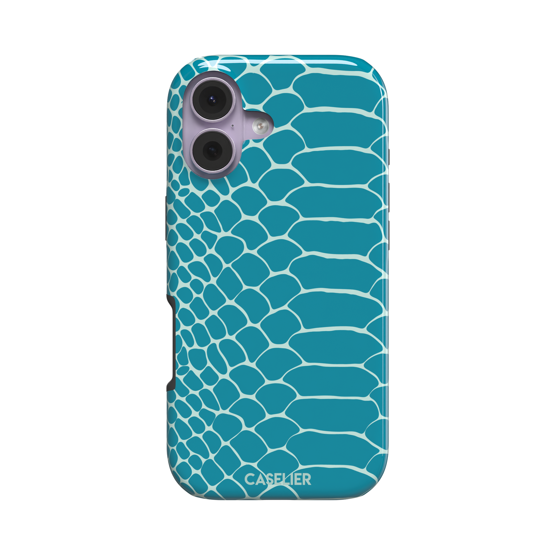 Teal and white snakeskin print phone case with bold reptile scale pattern covering the full back, phone case by Caselier — tough case, front view