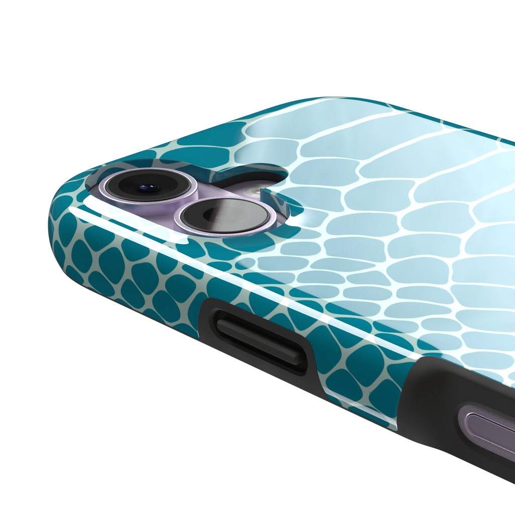 Teal and white snakeskin print phone case with bold reptile scale pattern covering the full back, phone case by Caselier — tough case, volume buttons detail
