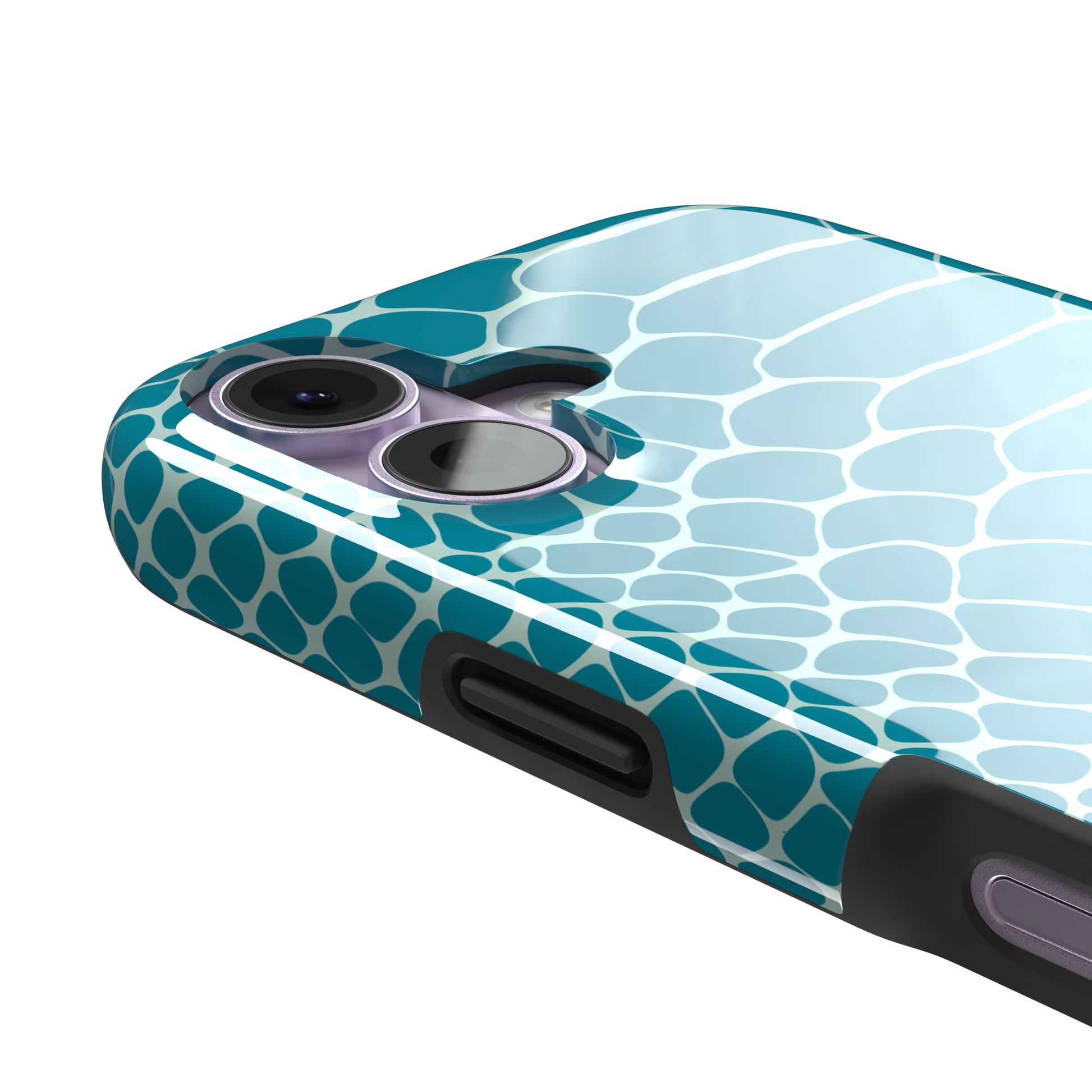 Teal and white snakeskin print phone case with bold reptile scale pattern covering the full back, phone case by Caselier — tough case, volume buttons detail