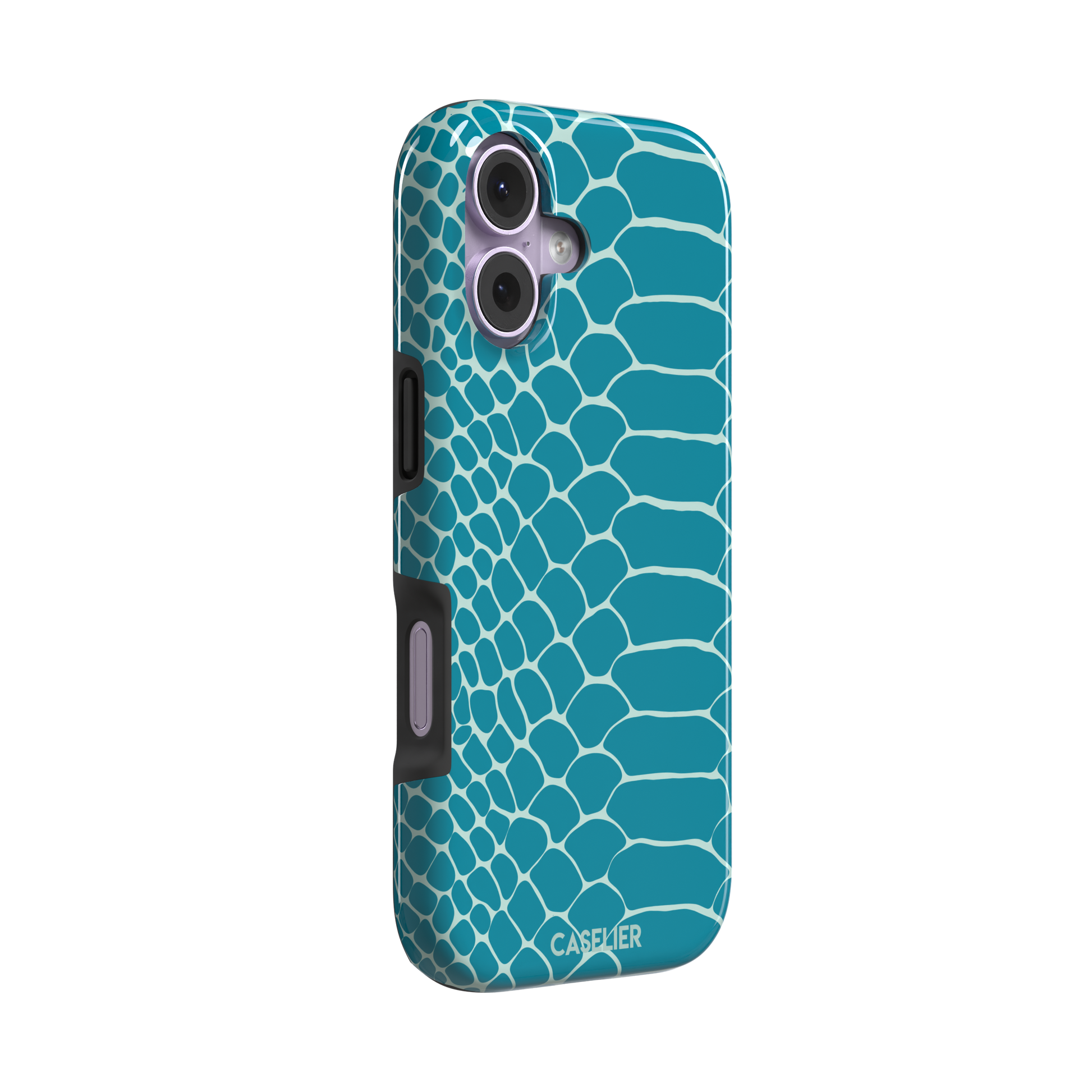 Teal and white snakeskin print phone case with bold reptile scale pattern covering the full back, phone case by Caselier — tough case, left view