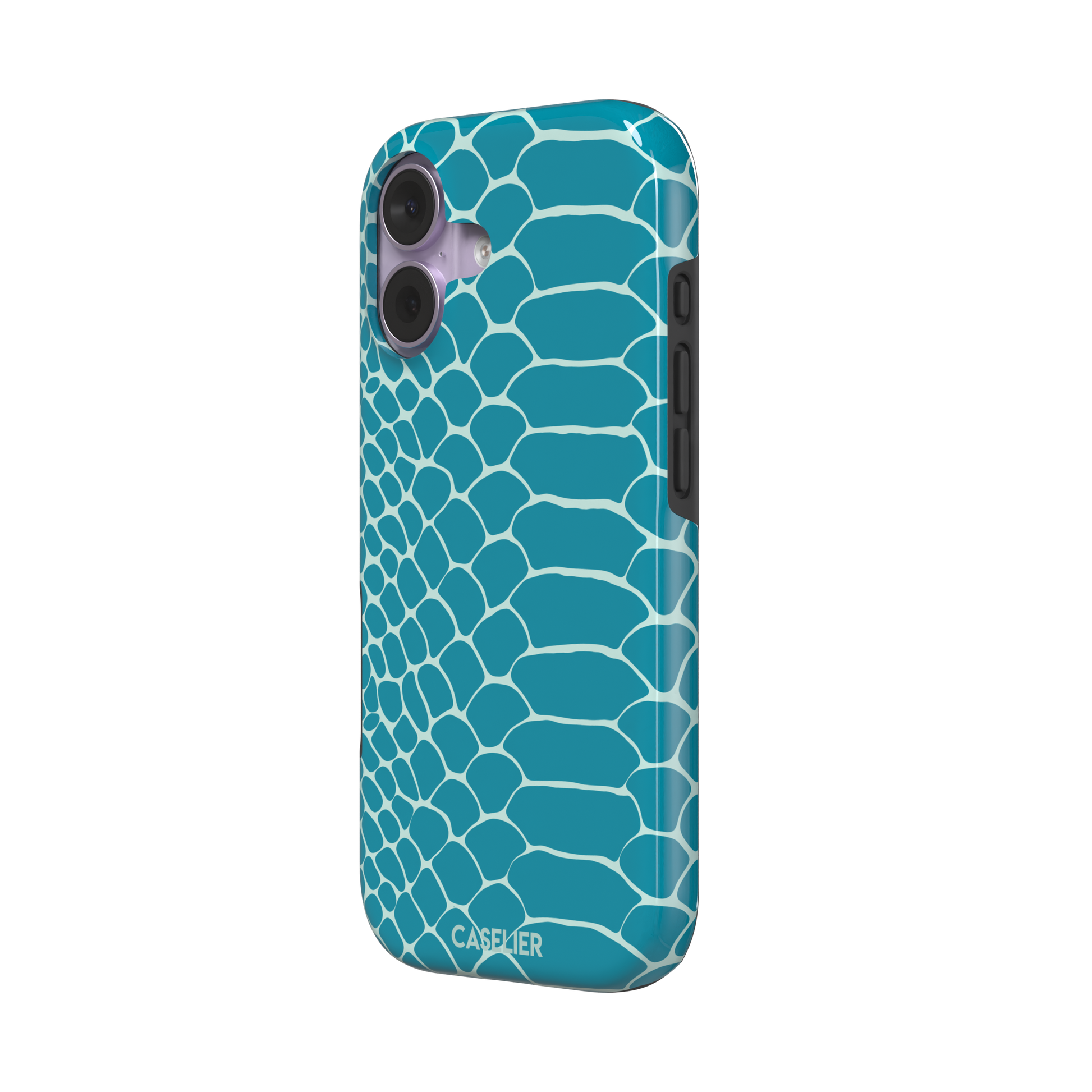 Teal and white snakeskin print phone case with bold reptile scale pattern covering the full back, phone case by Caselier — tough case, right view