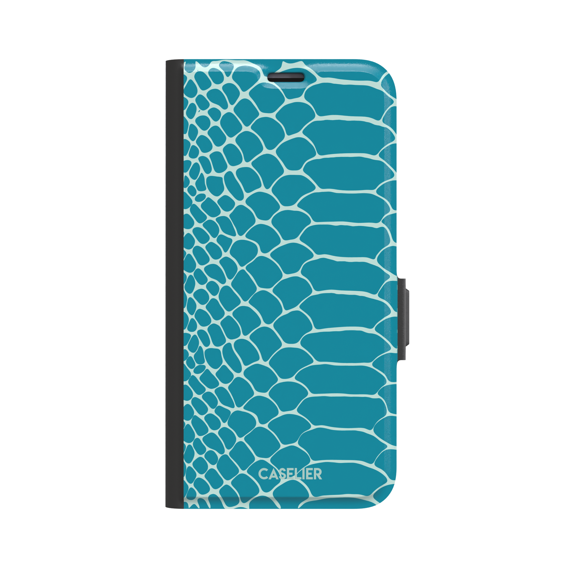 Teal and white snakeskin print phone case with bold reptile scale pattern covering the full back, phone case by Caselier — wallet case, front view