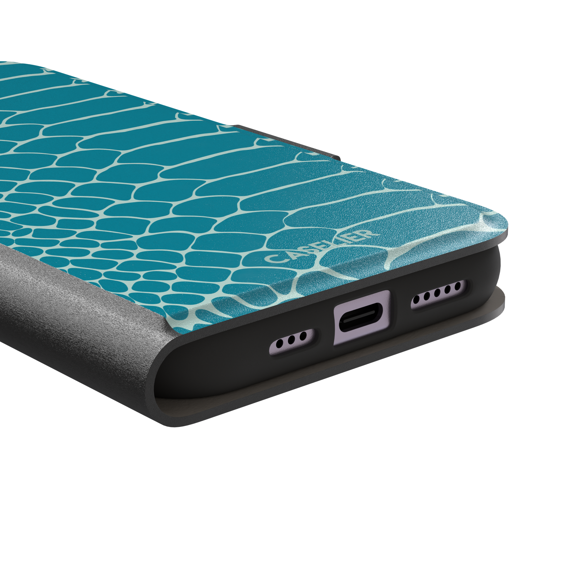 Teal and white snakeskin print phone case with bold reptile scale pattern covering the full back, phone case by Caselier — wallet case, charging port detail