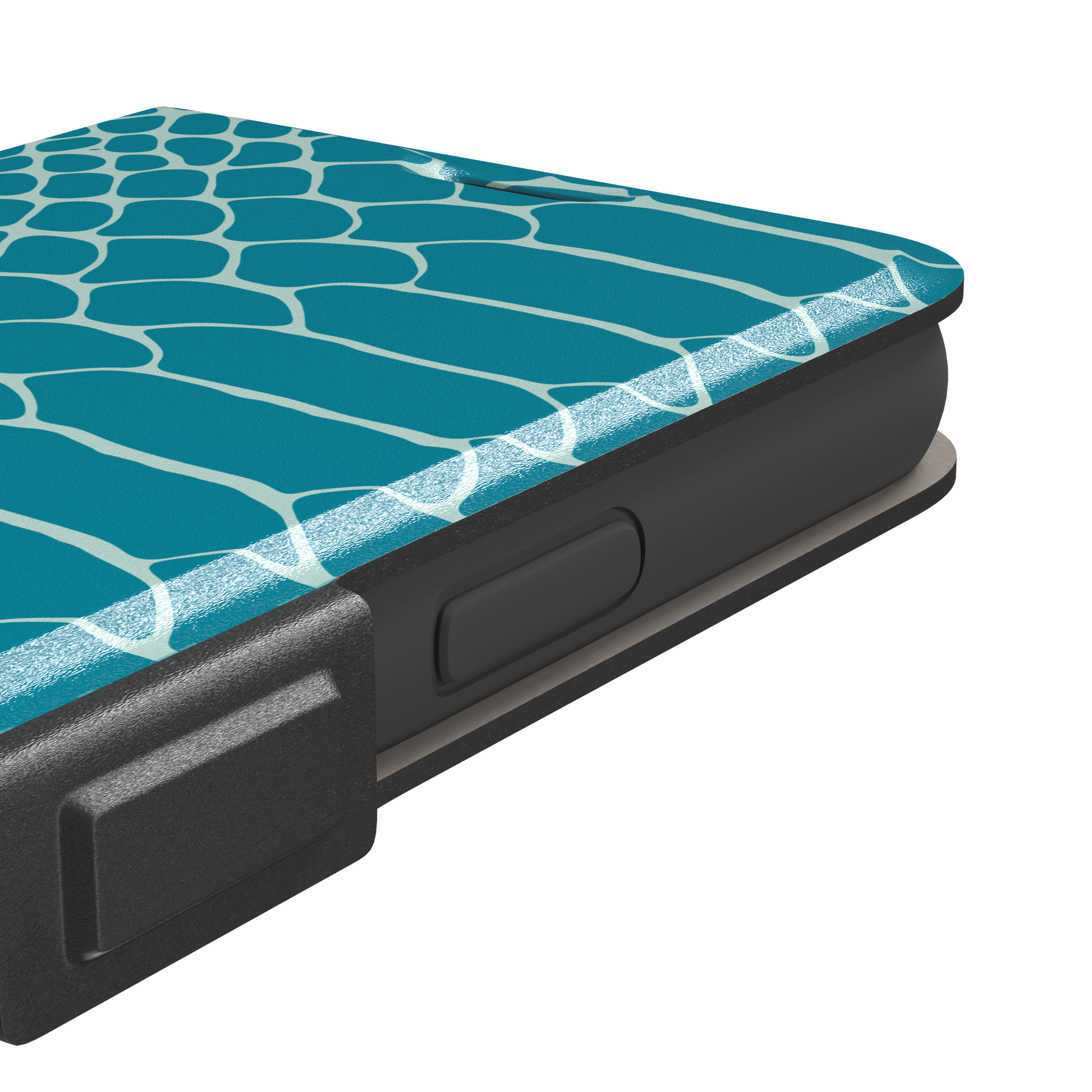 Teal and white snakeskin print phone case with bold reptile scale pattern covering the full back, phone case by Caselier — wallet case, volume buttons detail
