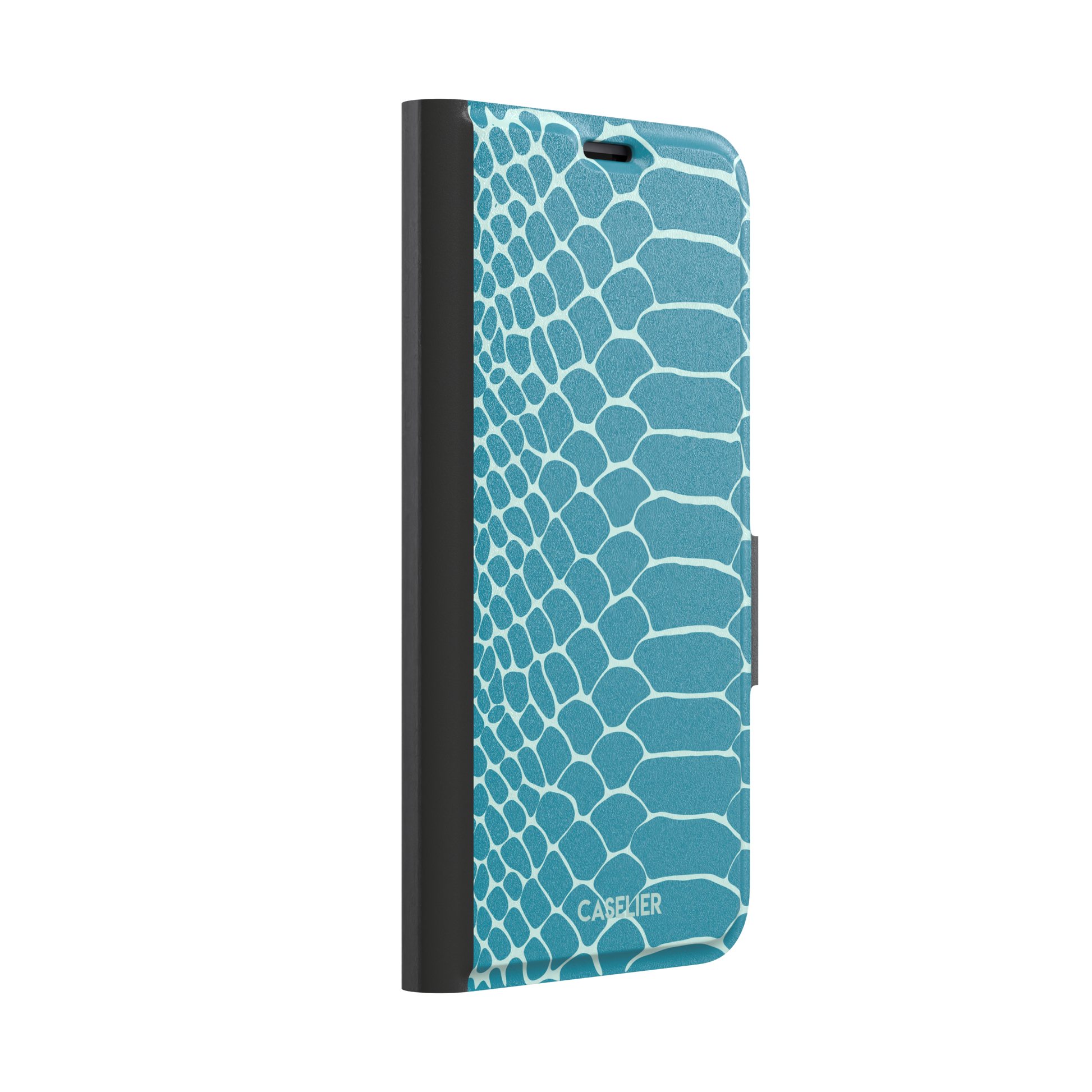 Teal and white snakeskin print phone case with bold reptile scale pattern covering the full back, phone case by Caselier — wallet case, left view