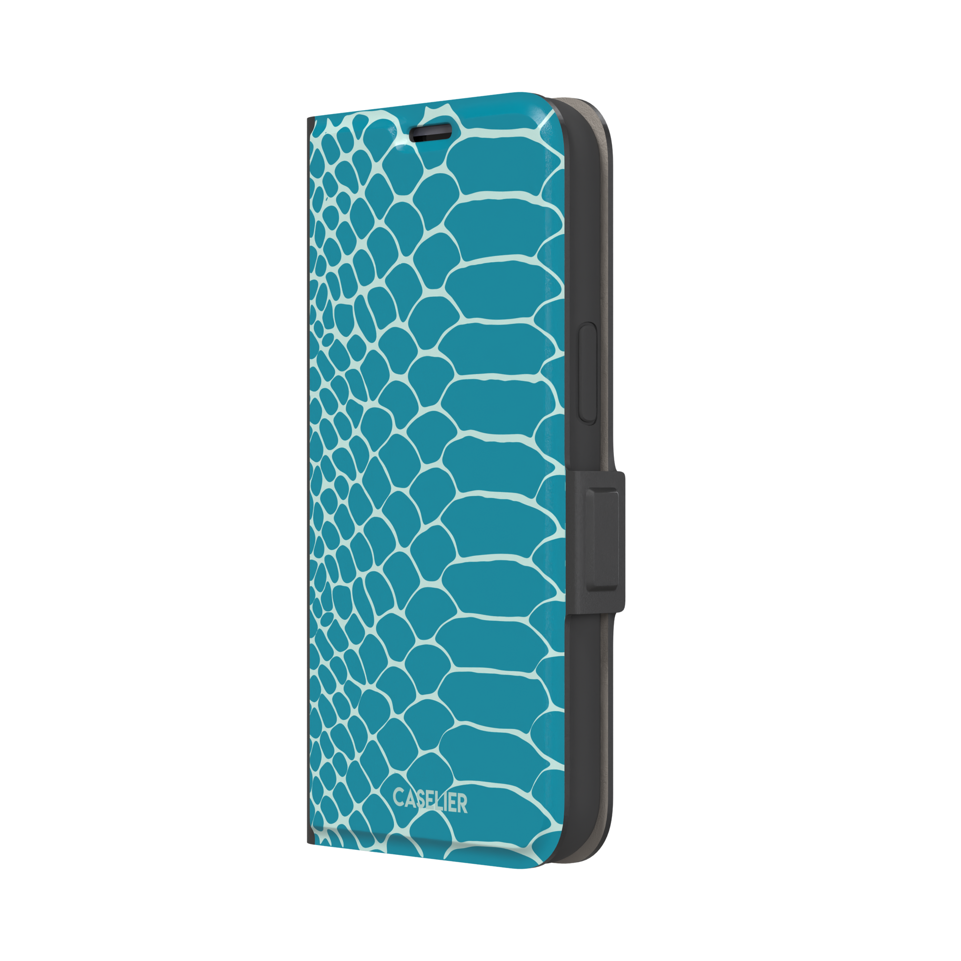 Teal and white snakeskin print phone case with bold reptile scale pattern covering the full back, phone case by Caselier — wallet case, right view