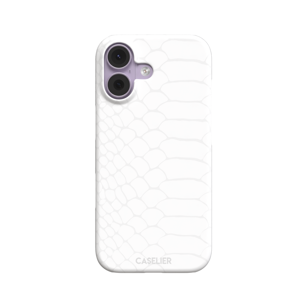 All-white snakeskin print phone case with subtle tonal scale pattern in a clean minimalist finish, phone case by Caselier — snap case, front view
