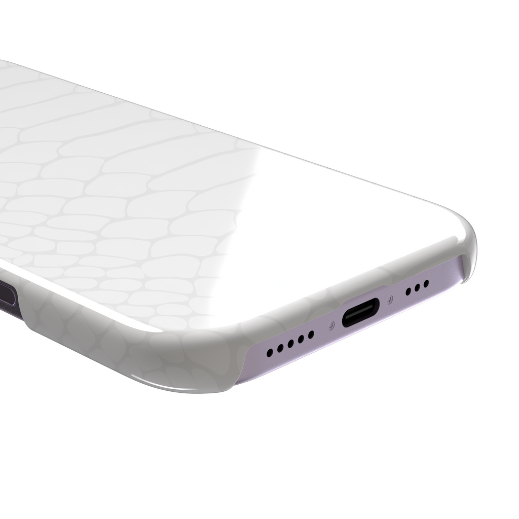 All-white snakeskin print phone case with subtle tonal scale pattern in a clean minimalist finish, phone case by Caselier — snap case, charging port detail