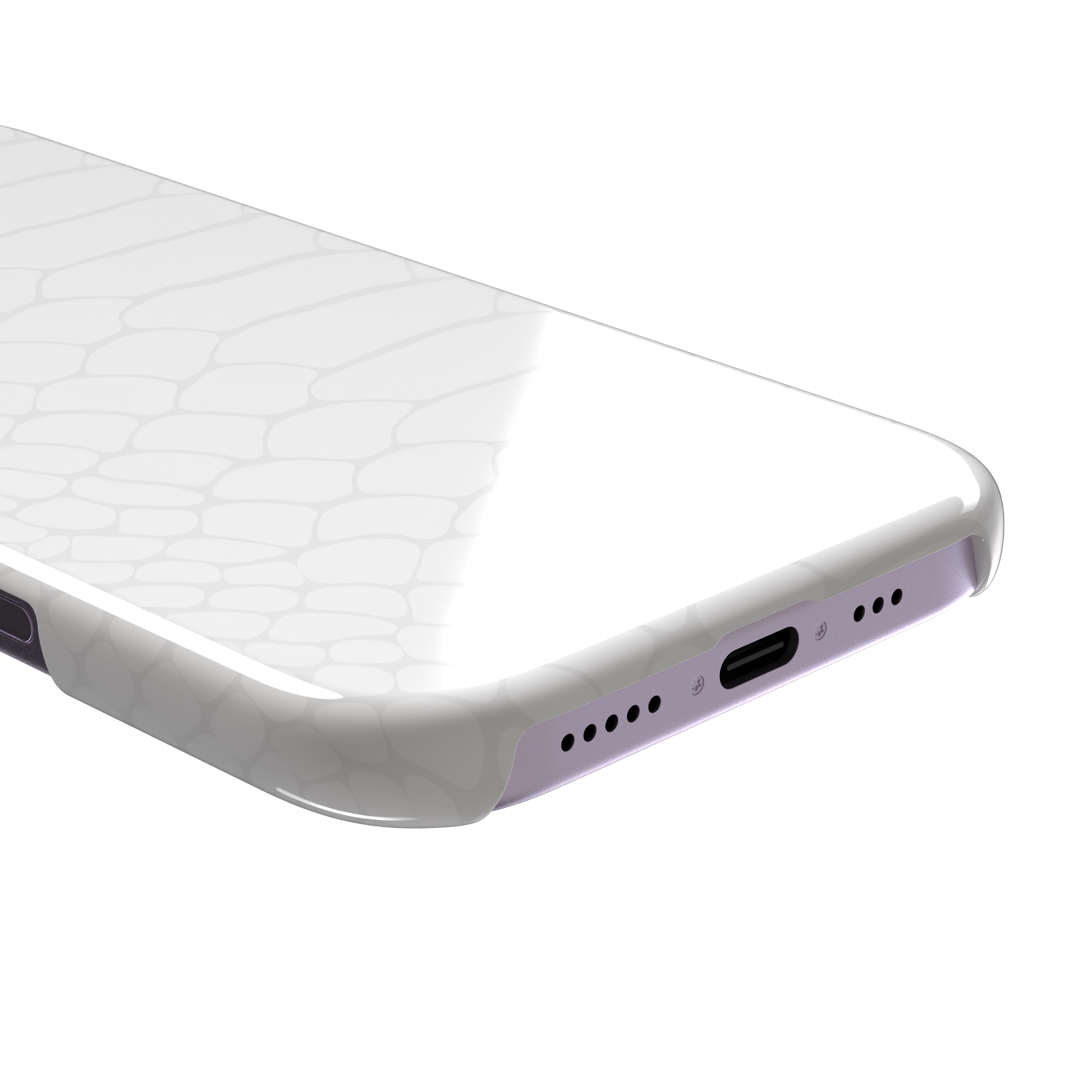 All-white snakeskin print phone case with subtle tonal scale pattern in a clean minimalist finish, phone case by Caselier — snap case, charging port detail