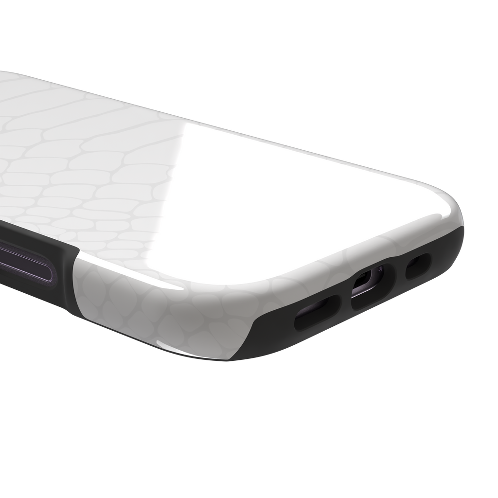 All-white snakeskin print phone case with subtle tonal scale pattern in a clean minimalist finish, phone case by Caselier — tough case, charging port detail