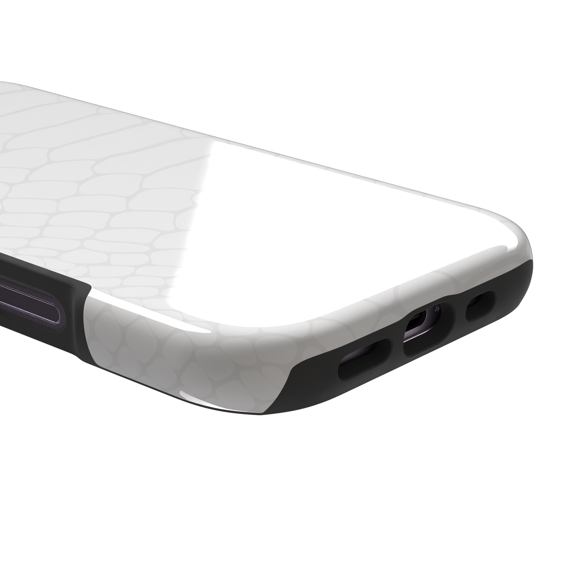 All-white snakeskin print phone case with subtle tonal scale pattern in a clean minimalist finish, phone case by Caselier — tough case, charging port detail