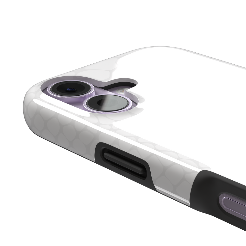 All-white snakeskin print phone case with subtle tonal scale pattern in a clean minimalist finish, phone case by Caselier — tough case, volume buttons detail