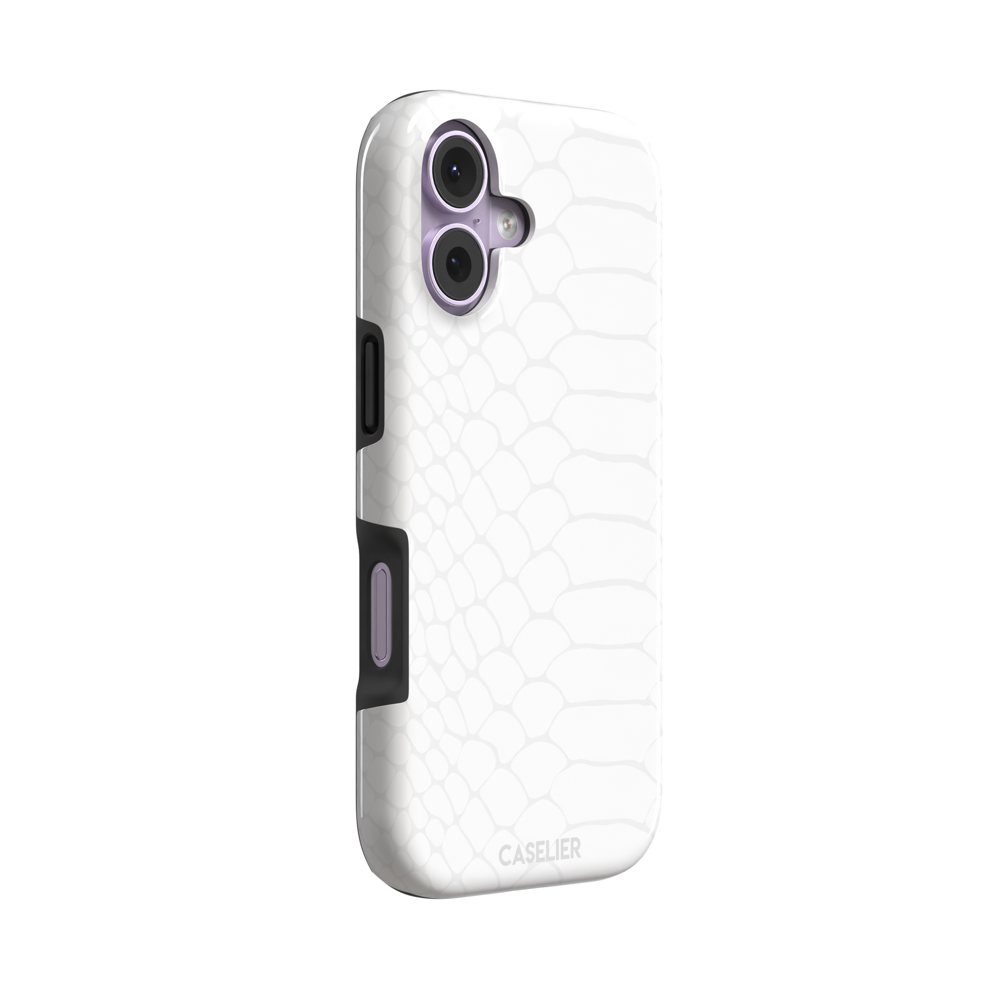 All-white snakeskin print phone case with subtle tonal scale pattern in a clean minimalist finish, phone case by Caselier — tough case, left view