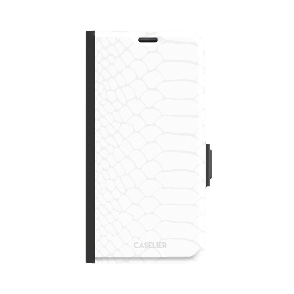 All-white snakeskin print phone case with subtle tonal scale pattern in a clean minimalist finish, phone case by Caselier — wallet case, front view