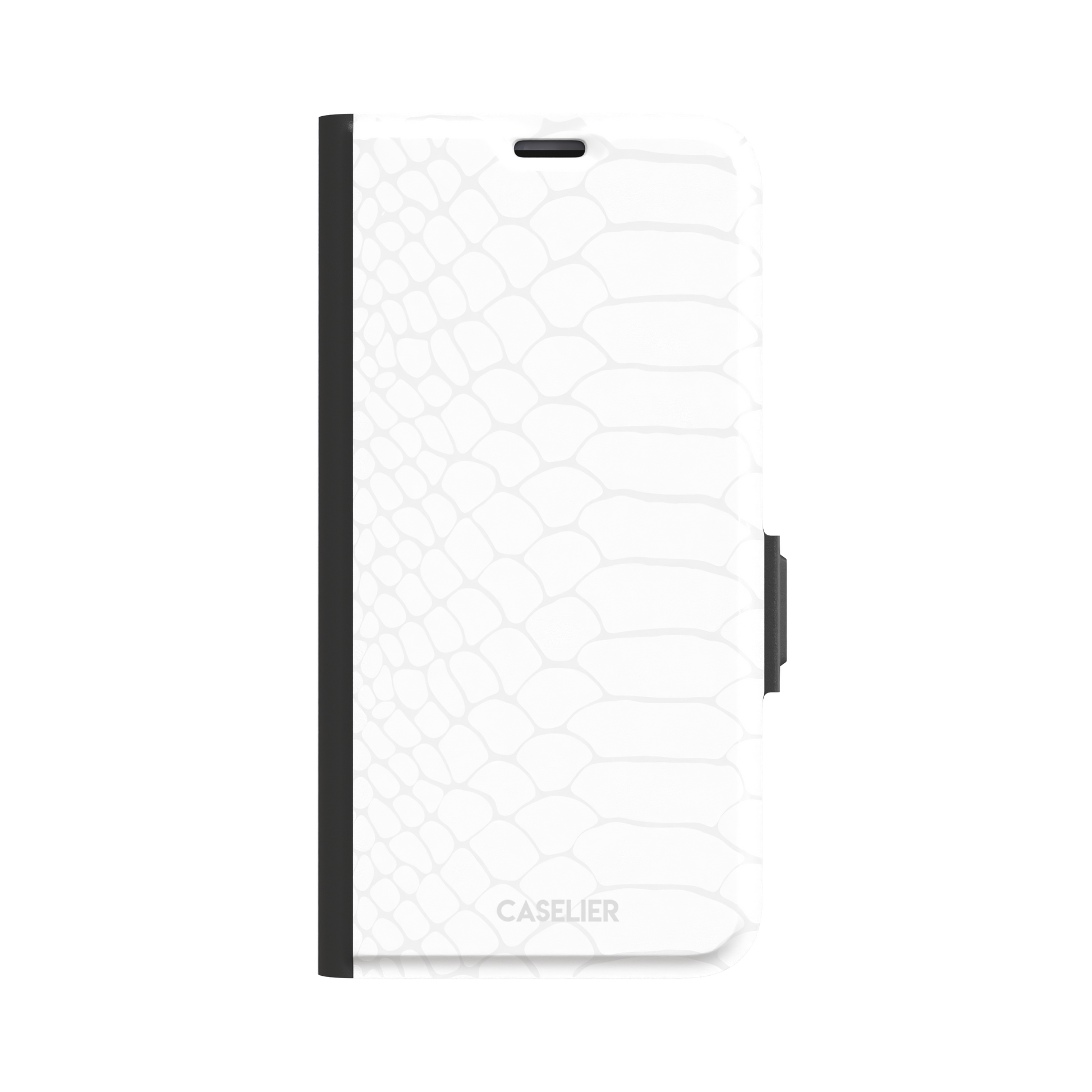 All-white snakeskin print phone case with subtle tonal scale pattern in a clean minimalist finish, phone case by Caselier — wallet case, front view