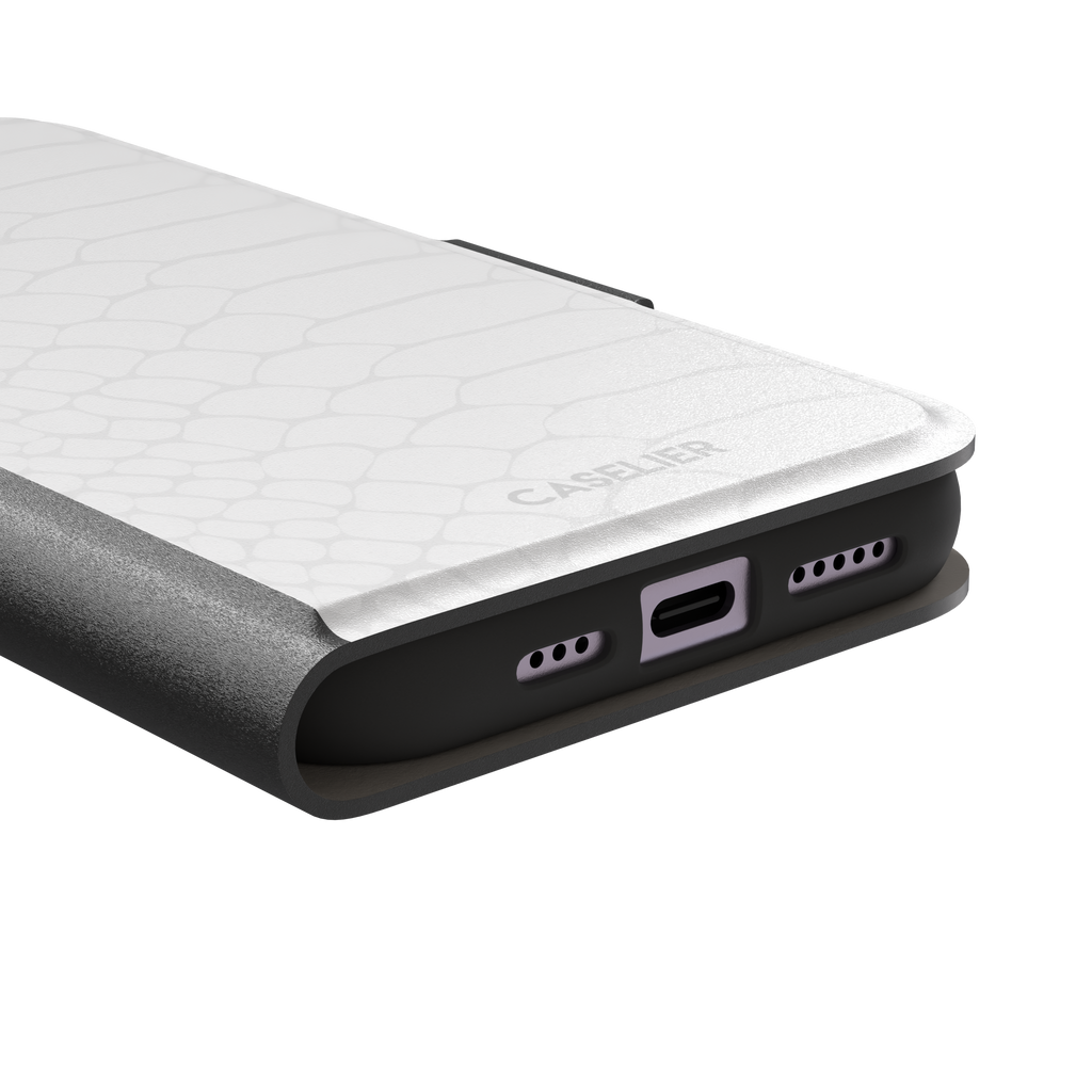 All-white snakeskin print phone case with subtle tonal scale pattern in a clean minimalist finish, phone case by Caselier — wallet case, charging port detail