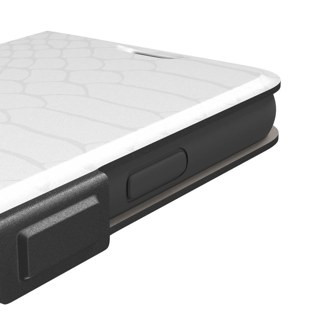 All-white snakeskin print phone case with subtle tonal scale pattern in a clean minimalist finish, phone case by Caselier — wallet case, volume buttons detail