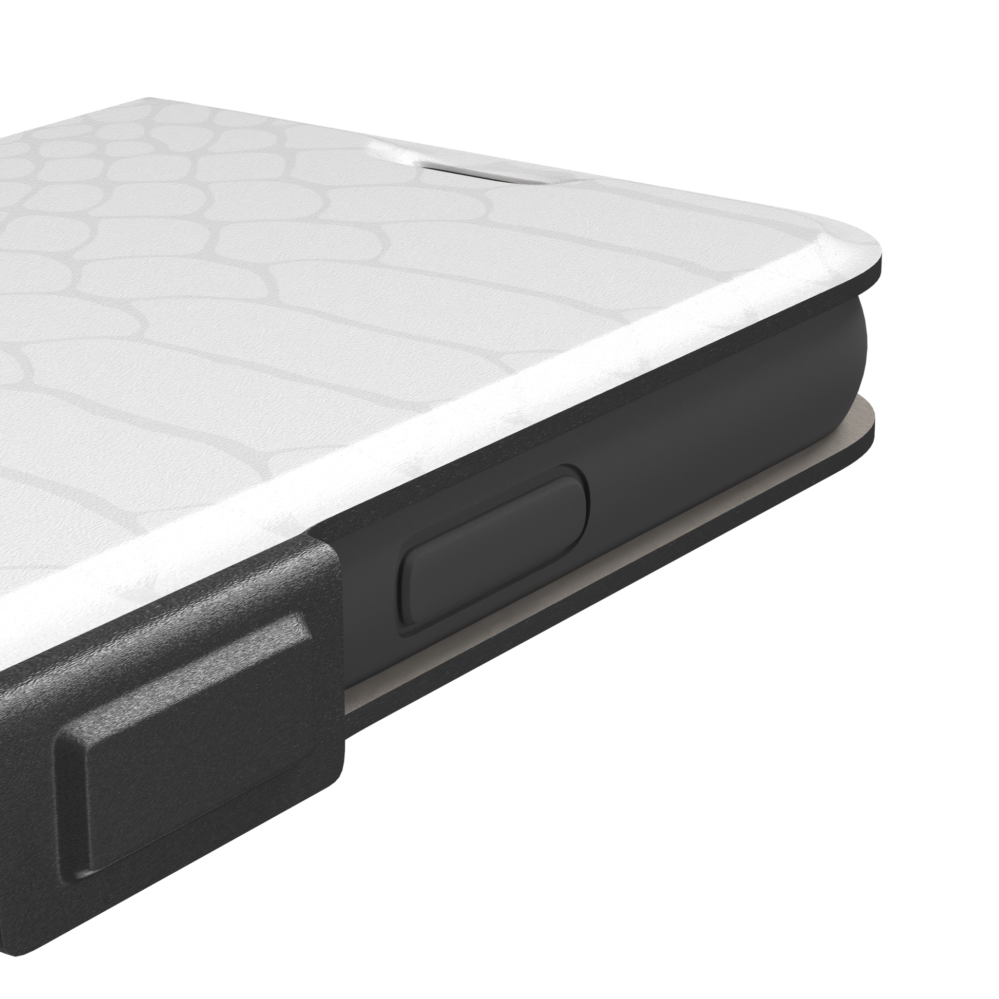 All-white snakeskin print phone case with subtle tonal scale pattern in a clean minimalist finish, phone case by Caselier — wallet case, volume buttons detail