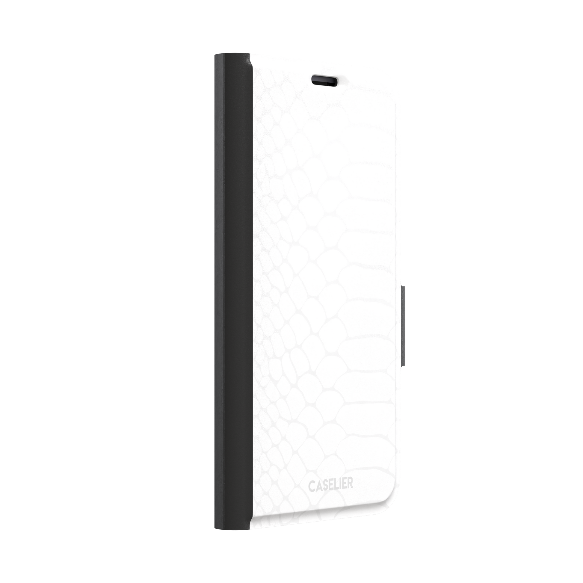 All-white snakeskin print phone case with subtle tonal scale pattern in a clean minimalist finish, phone case by Caselier — wallet case, left view
