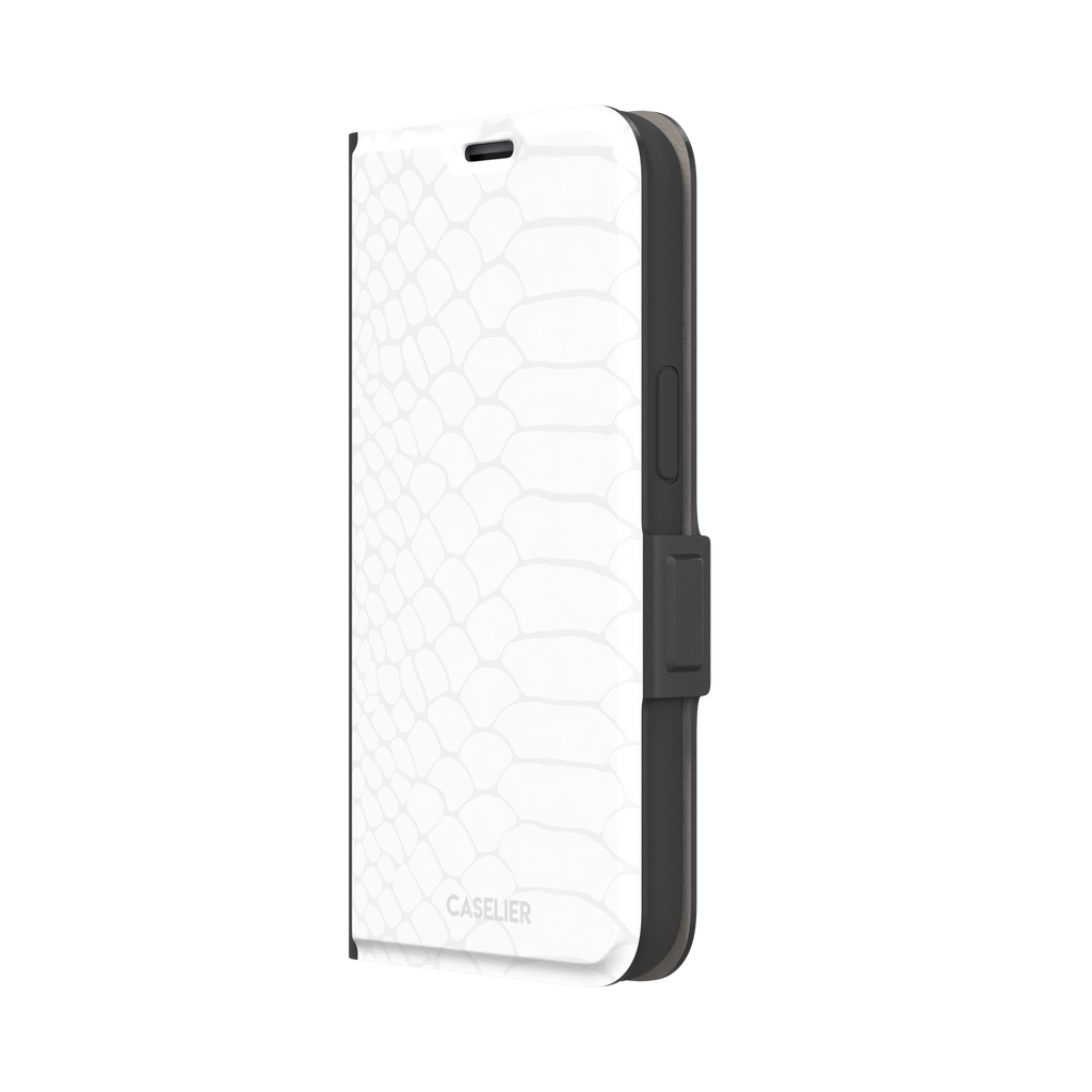 All-white snakeskin print phone case with subtle tonal scale pattern in a clean minimalist finish, phone case by Caselier — wallet case, right view