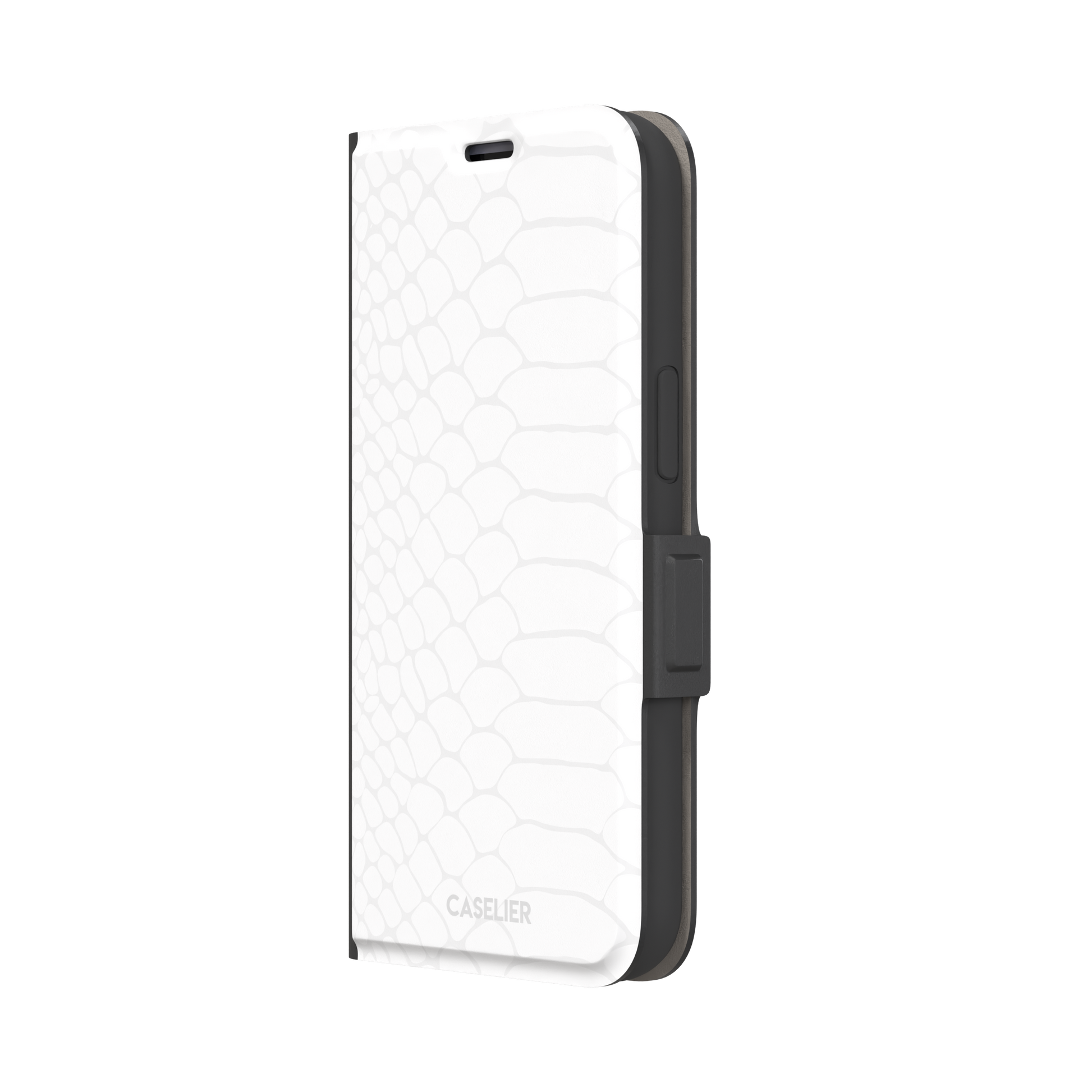All-white snakeskin print phone case with subtle tonal scale pattern in a clean minimalist finish, phone case by Caselier — wallet case, right view