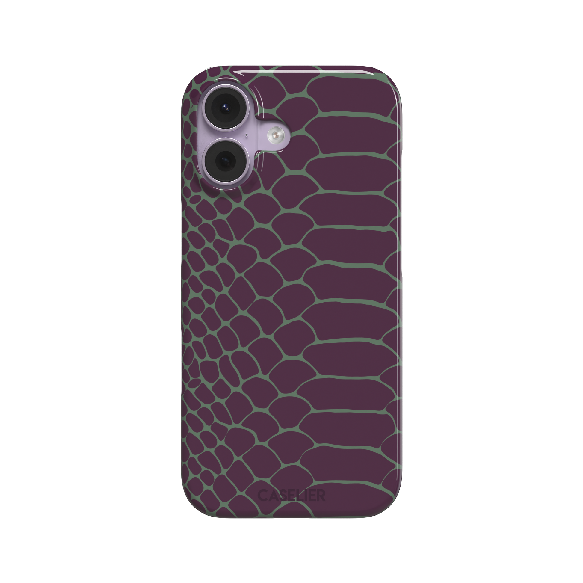 Deep plum and sage green snakeskin print phone case with muted green scale outlines on a rich purple base, phone case by Caselier — snap case, front view