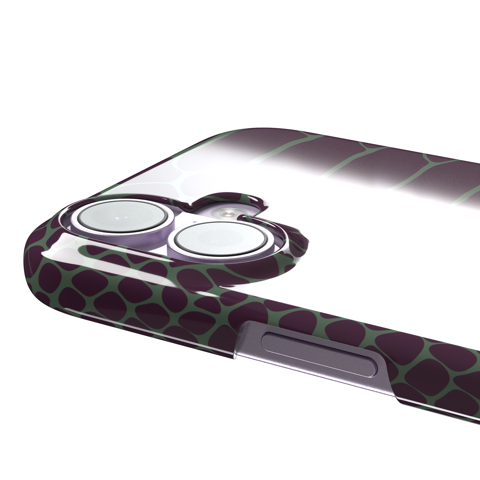 Deep plum and sage green snakeskin print phone case with muted green scale outlines on a rich purple base, phone case by Caselier — snap case, volume buttons detail