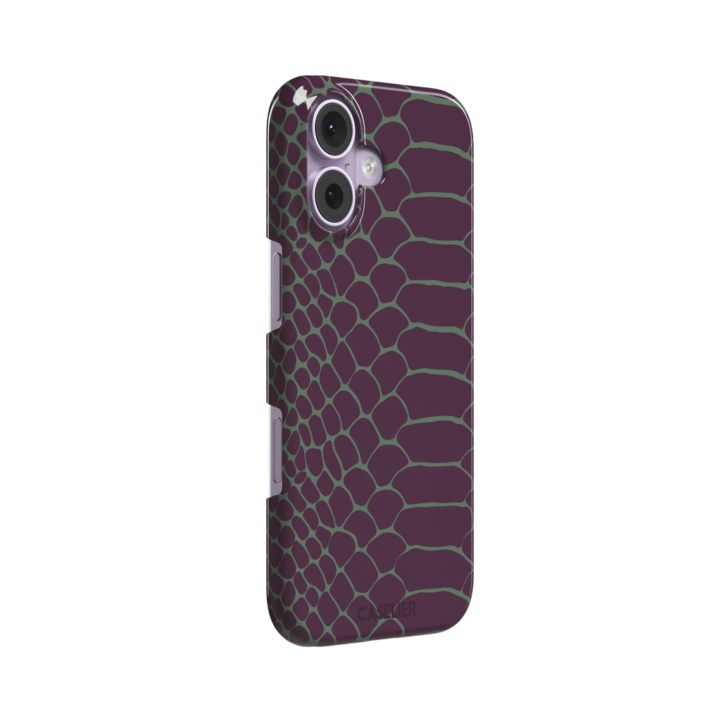 Deep plum and sage green snakeskin print phone case with muted green scale outlines on a rich purple base, phone case by Caselier — snap case, left view
