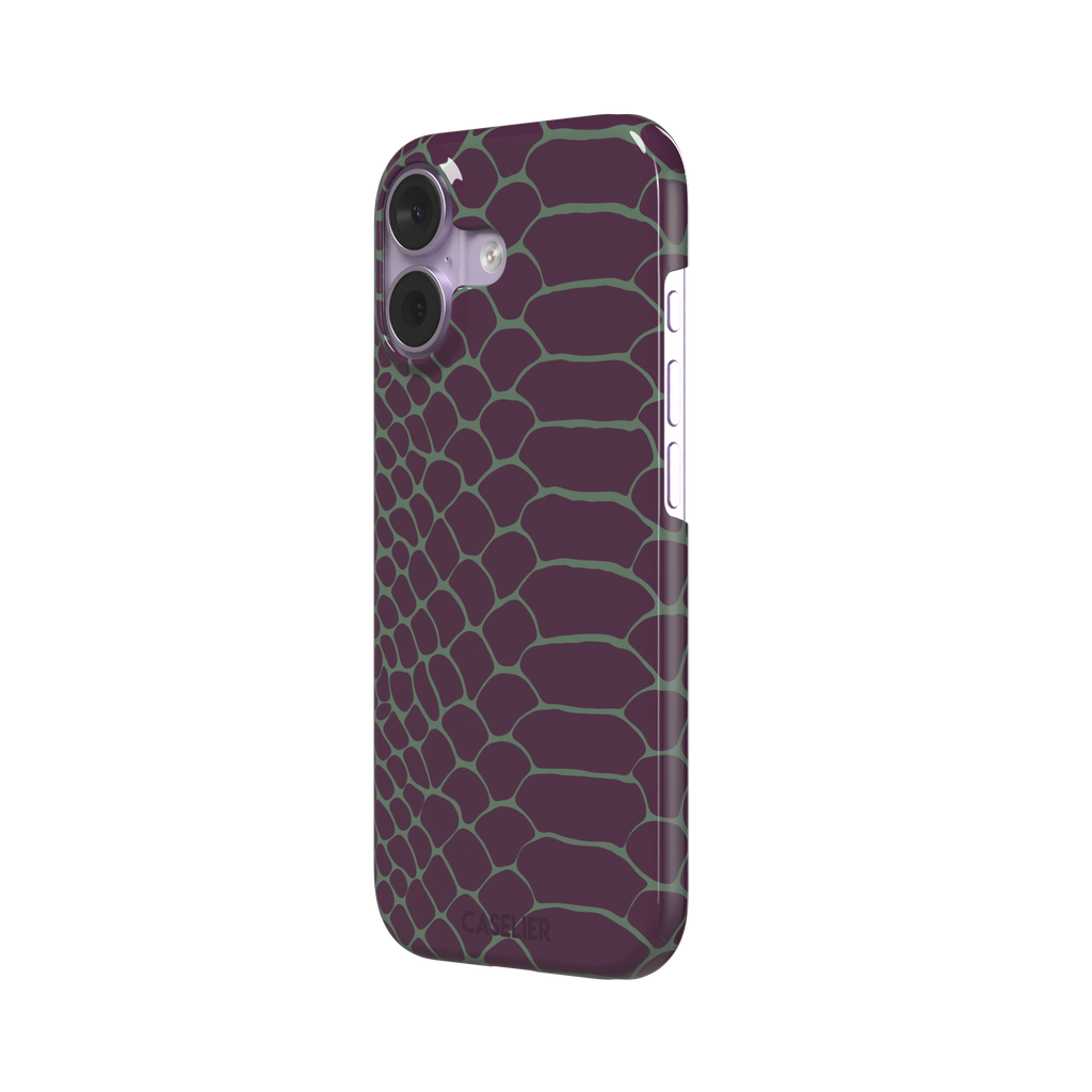 Deep plum and sage green snakeskin print phone case with muted green scale outlines on a rich purple base, phone case by Caselier — snap case, right view