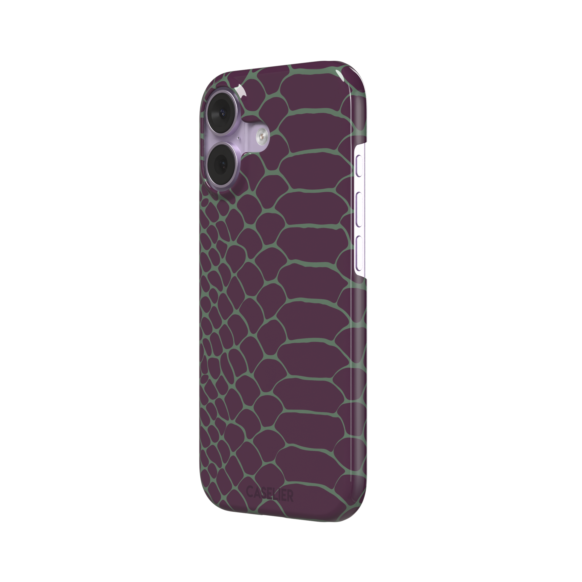 Deep plum and sage green snakeskin print phone case with muted green scale outlines on a rich purple base, phone case by Caselier — snap case, right view