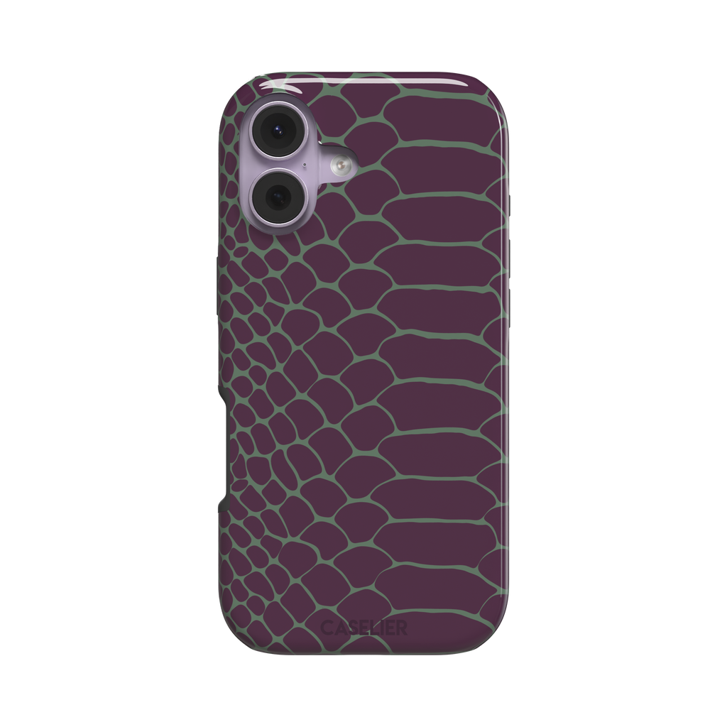 Deep plum and sage green snakeskin print phone case with muted green scale outlines on a rich purple base, phone case by Caselier — tough case, front view