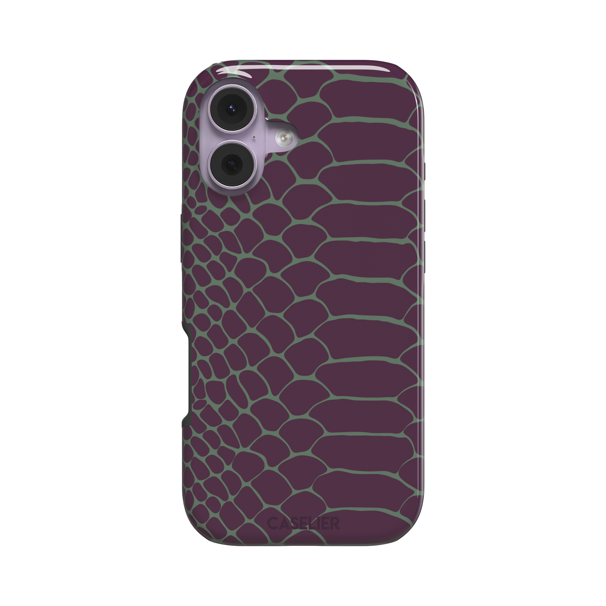 Deep plum and sage green snakeskin print phone case with muted green scale outlines on a rich purple base, phone case by Caselier — tough case, front view