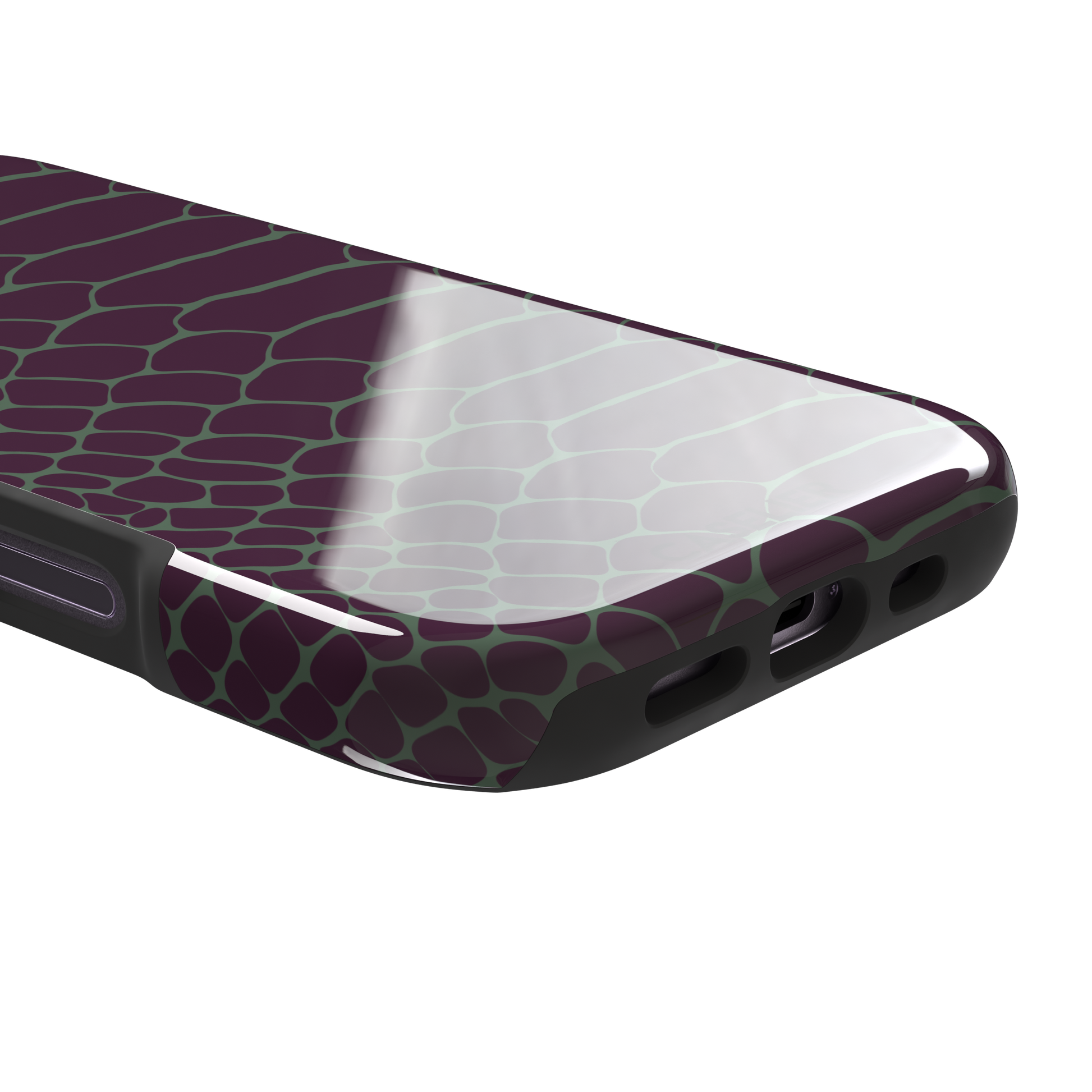 Deep plum and sage green snakeskin print phone case with muted green scale outlines on a rich purple base, phone case by Caselier — tough case, charging port detail